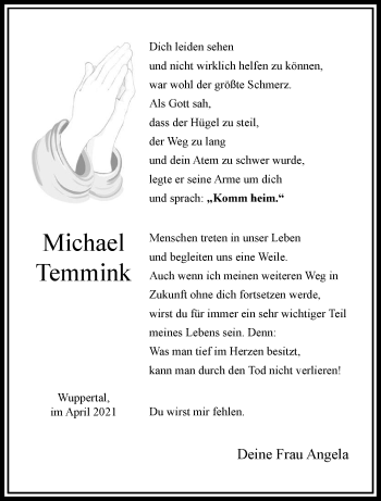 Traueranzeige von Michael Temmink von trauer.wuppertaler-rundschau.de