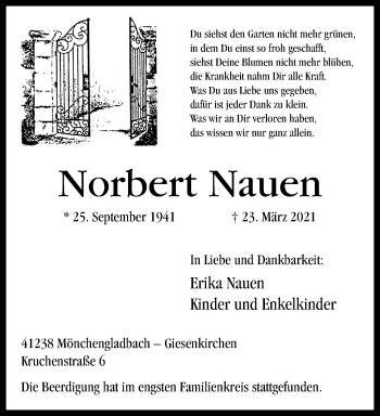 Traueranzeige von Norbert Nauen von trauer.extra-tipp-moenchengladbach.de