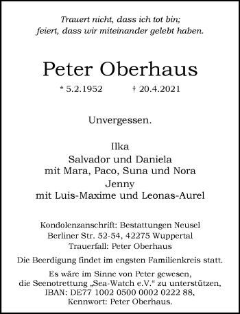 Traueranzeige von Peter Oberhaus von trauer.wuppertaler-rundschau.de