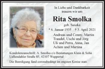 Traueranzeige von Rita Smolka von trauer.wuppertaler-rundschau.de