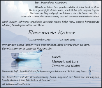 Traueranzeige von Rosemarie Kaiser von trauer.stadt-kurier.de