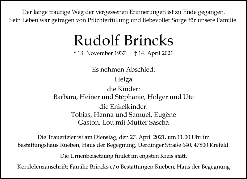  Traueranzeige für Rudolf Brincks vom 18.04.2021 aus trauer.mein.krefeld.de