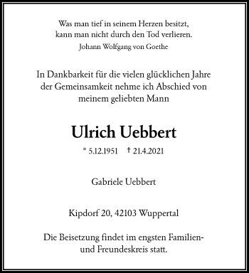 Traueranzeige von Ulrich Uebbert von trauer.wuppertaler-rundschau.de