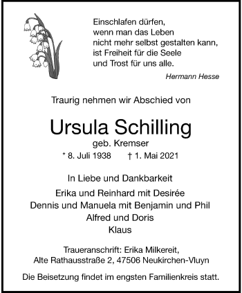 Traueranzeige von Ursula Schilling von trauer.mein.krefeld.de
