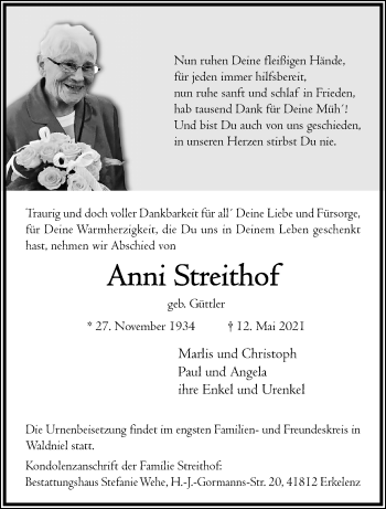 Traueranzeige von Anni Streithof von trauer.extra-tipp-moenchengladbach.de
