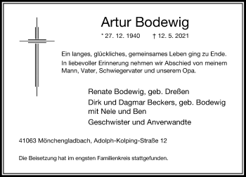 Traueranzeige von Artur Bodewig von trauer.extra-tipp-moenchengladbach.de