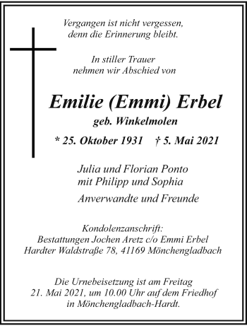 Traueranzeige von Emilie Erbel von trauer.extra-tipp-moenchengladbach.de