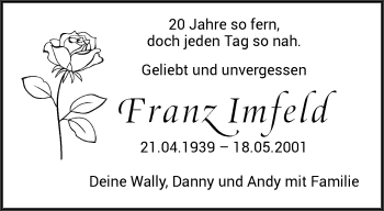 Traueranzeige von Franz Imfeld von trauer.duesseldorfer-anzeiger.de