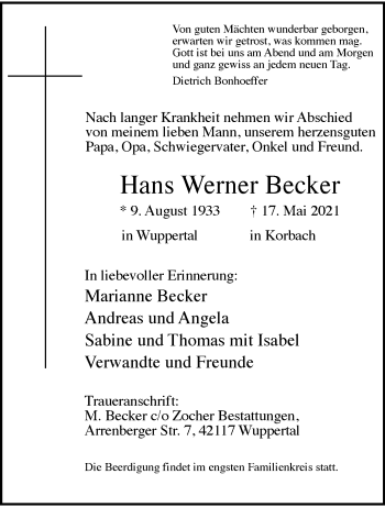 Traueranzeige von Hans Werner Becker von trauer.wuppertaler-rundschau.de