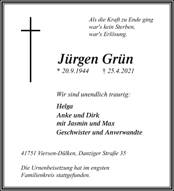 Traueranzeige von Jürgen Grün von trauer.extra-tipp-moenchengladbach.de