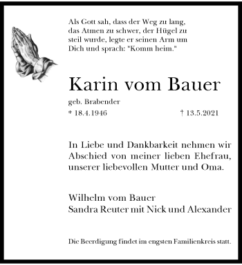 Traueranzeige von Karin vom Bauer von trauer.wuppertaler-rundschau.de
