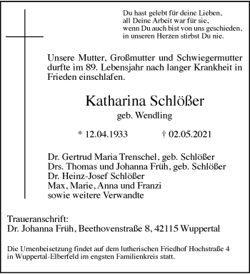 Traueranzeige von Katharina Schlößer von trauer.wuppertaler-rundschau.de