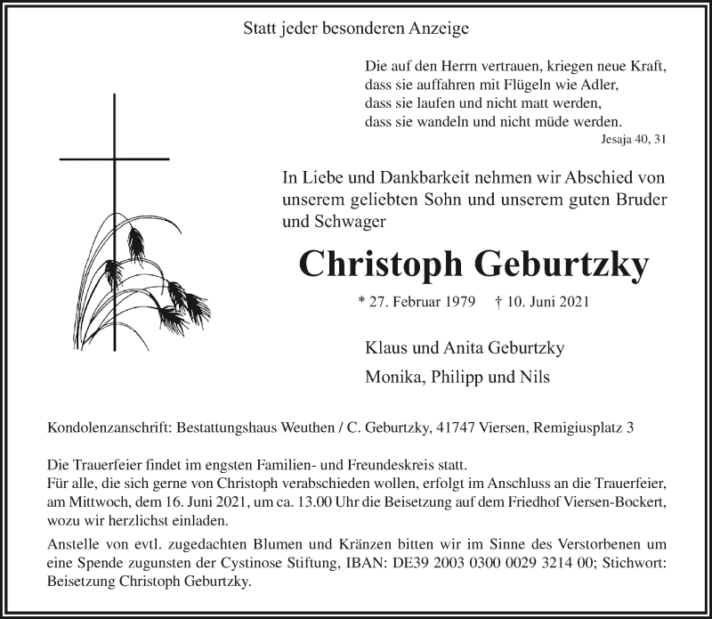  Traueranzeige für Christoph Geburtzky vom 13.06.2021 aus trauer.extra-tipp-moenchengladbach.de