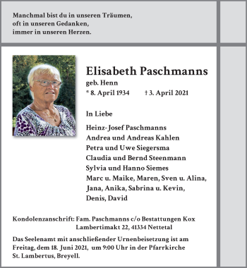 Traueranzeige von Elisabeth Paschmanns von trauer.extra-tipp-moenchengladbach.de