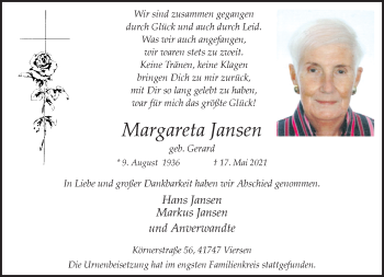 Traueranzeige von Margareta Jansen von trauer.extra-tipp-moenchengladbach.de