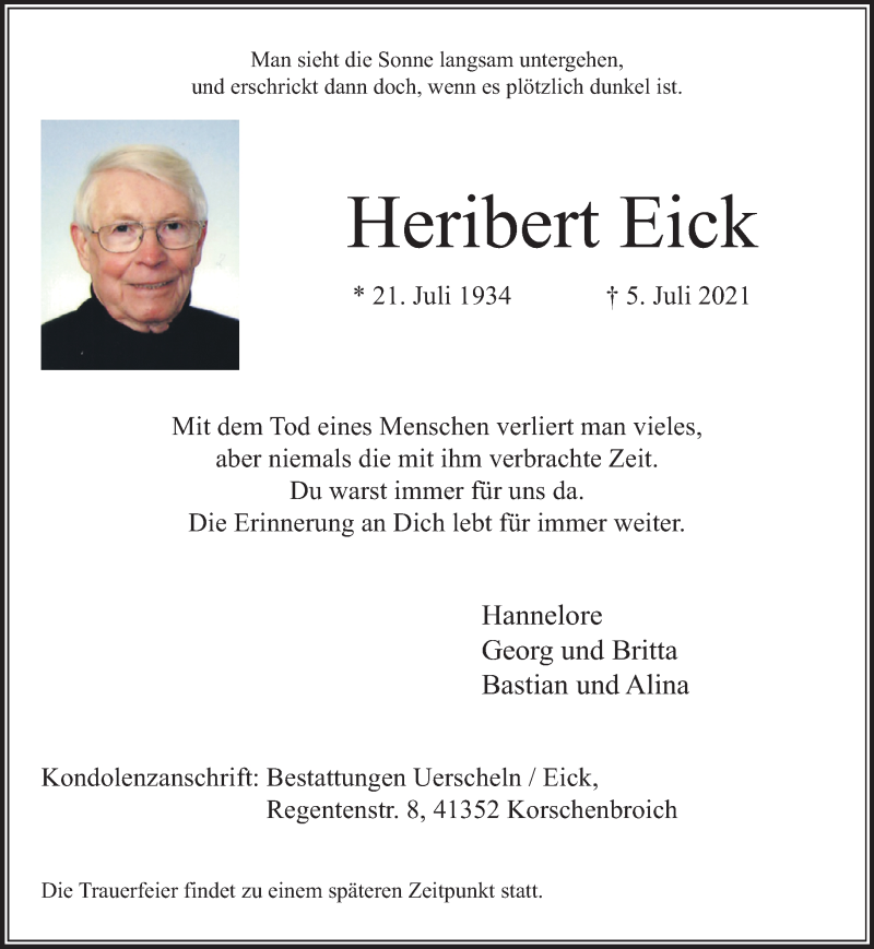  Traueranzeige für Heribert Eick vom 11.07.2021 aus trauer.extra-tipp-moenchengladbach.de