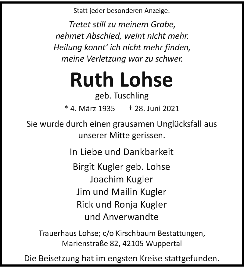  Traueranzeige für Ruth Lohse vom 10.07.2021 aus trauer.wuppertaler-rundschau.de