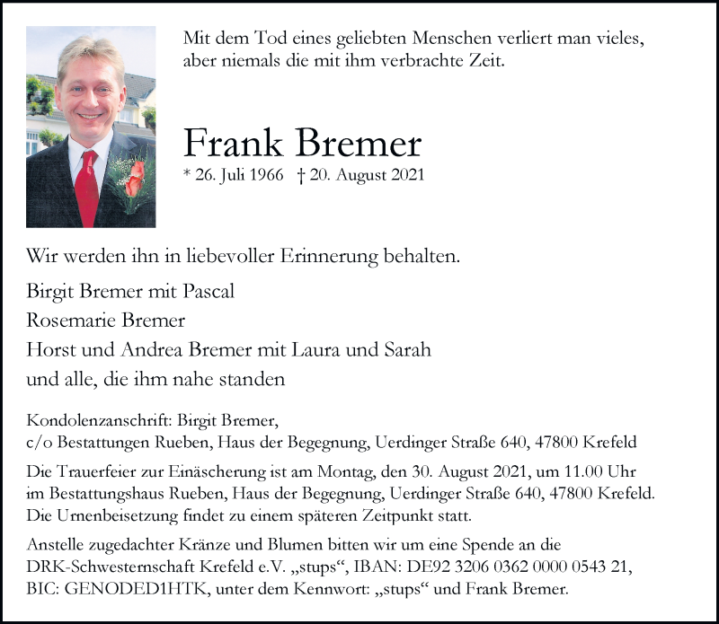  Traueranzeige für Frank Bremer vom 29.08.2021 aus trauer.mein.krefeld.de