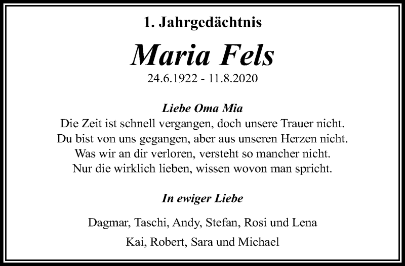  Traueranzeige für Maria Fels vom 15.08.2021 aus trauer.extra-tipp-moenchengladbach.de