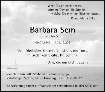 Traueranzeige von Barbara Sem von trauer.mein.krefeld.de