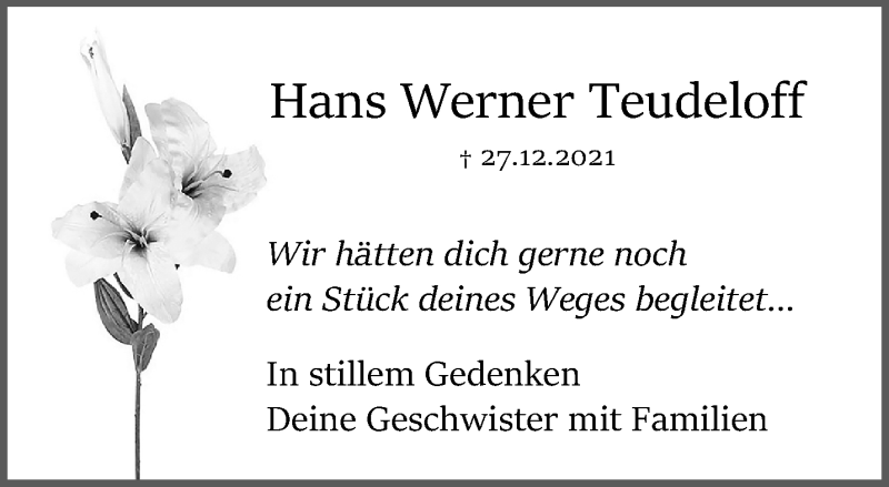  Traueranzeige für Hans Werner Teudeloff vom 09.01.2022 aus trauer.mein.krefeld.de