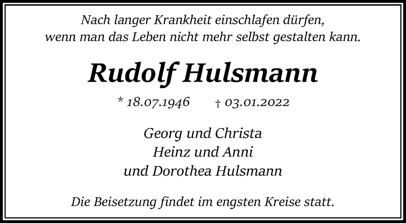  Traueranzeige für Rudolf Hulsmann vom 09.01.2022 aus trauer.mein.krefeld.de