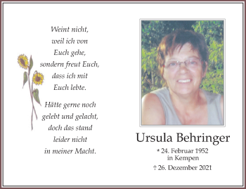 Traueranzeige von Ursula Behringer von trauer.mein.krefeld.de