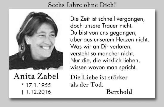 Traueranzeige von Anita Zabel von trauer.extra-tipp-moenchengladbach.de