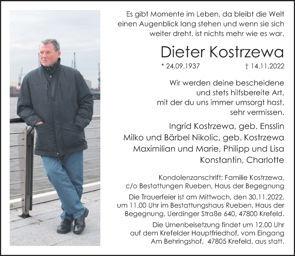  Traueranzeige für Dieter Kostrzewa vom 20.11.2022 aus trauer.mein.krefeld.de