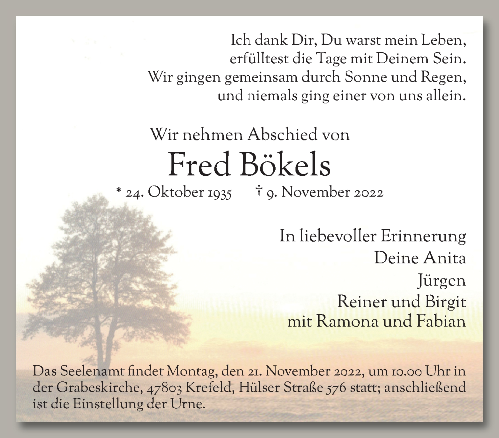  Traueranzeige für Fred Bökels vom 20.11.2022 aus trauer.mein.krefeld.de