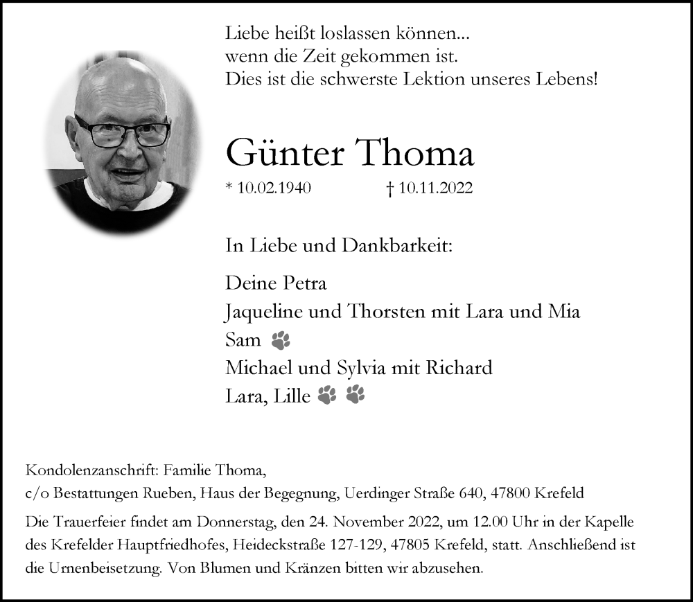  Traueranzeige für Günter Thoma vom 20.11.2022 aus trauer.mein.krefeld.de