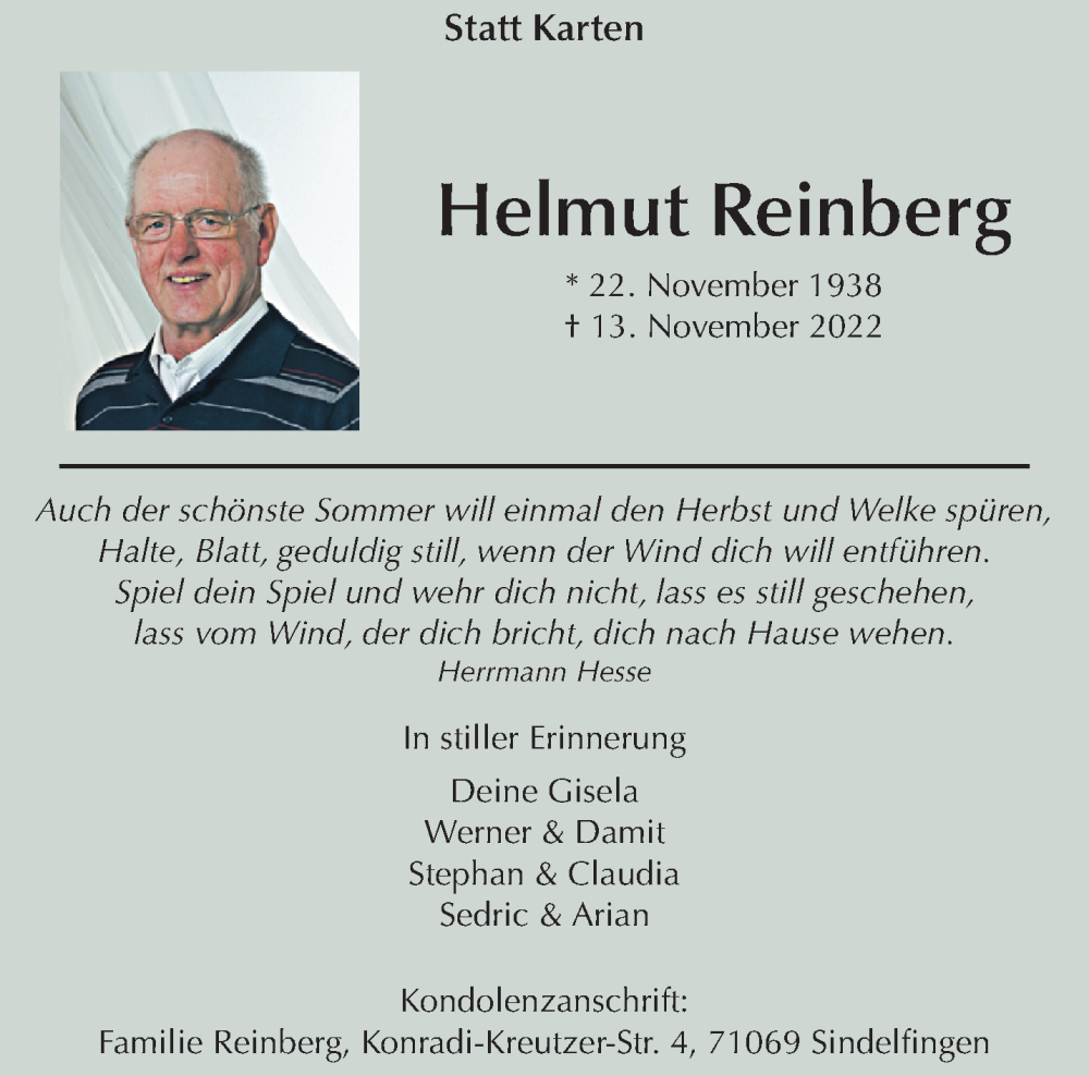  Traueranzeige für Helmut Reinberg vom 20.11.2022 aus trauer.mein.krefeld.de