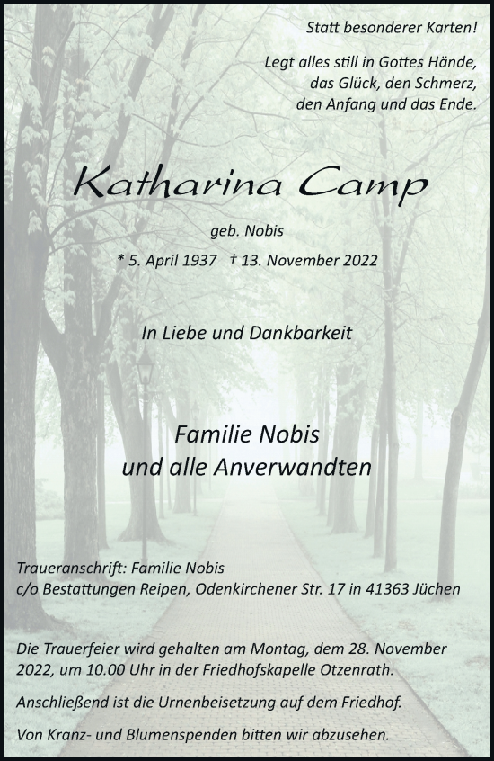 Traueranzeige von Katharina Camp von trauer.stadt-kurier.de