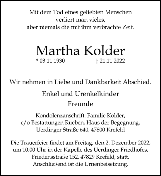 Traueranzeige von Martha Kolder von trauer.mein.krefeld.de