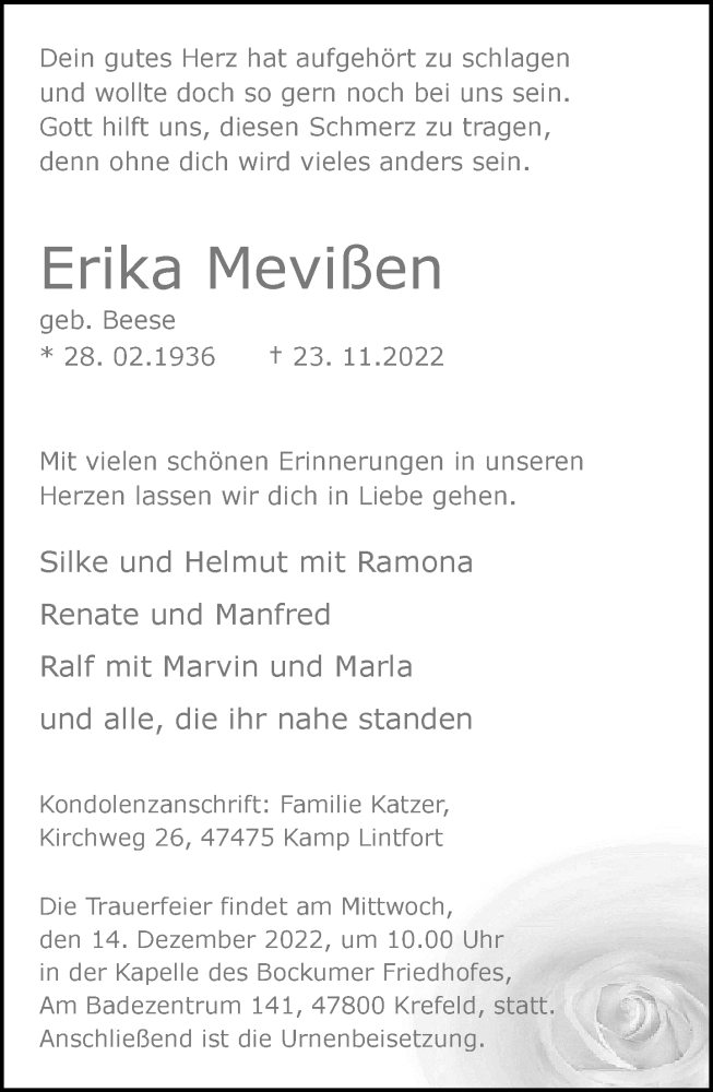  Traueranzeige für Erika Mevißen vom 04.12.2022 aus trauer.mein.krefeld.de