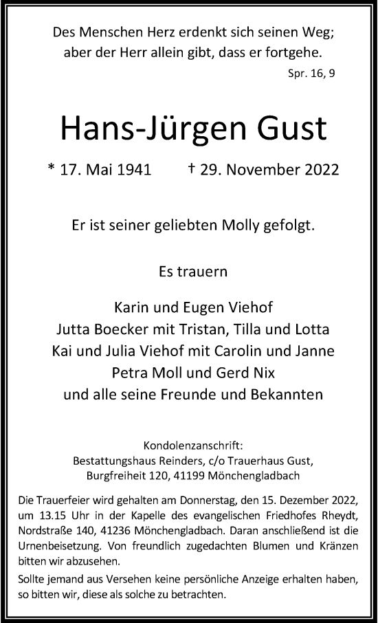Traueranzeige von Hans-Jürgen Gust von trauer.extra-tipp-moenchengladbach.de