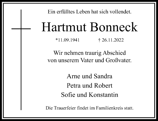 Traueranzeige von Hartmut Bonneck von trauer.mein.krefeld.de