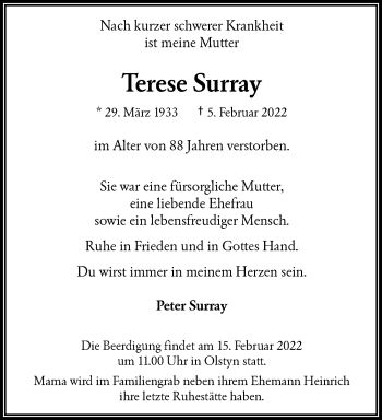 Traueranzeige von Terese Surray von trauer.wuppertaler-rundschau.de