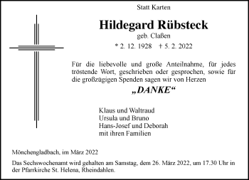 Traueranzeige von Hildegard Rübsteck von trauer.extra-tipp-moenchengladbach.de