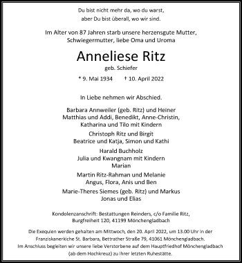 Traueranzeige von Anneliese Ritz von trauer.extra-tipp-moenchengladbach.de