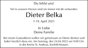 Traueranzeige von Dieter Belka von trauer.mein.krefeld.de