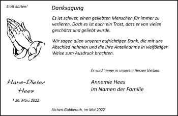 Traueranzeige von Hans-Dieter Hees von trauer.stadt-kurier.de
