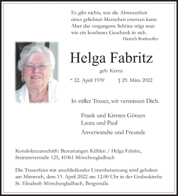 Traueranzeige von Helga Fabritz von trauer.extra-tipp-moenchengladbach.de