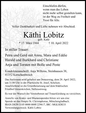 Traueranzeige von Käthi Lobitz von trauer.extra-tipp-moenchengladbach.de