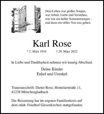 Traueranzeige von Karl Rose von trauer.extra-tipp-moenchengladbach.de