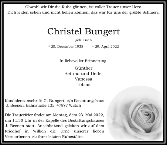 Traueranzeige von Christel Bungert von trauer.extra-tipp-moenchengladbach.de
