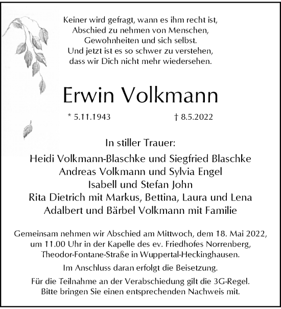 Traueranzeige von Erwin Volkmann von trauer.wuppertaler-rundschau.de