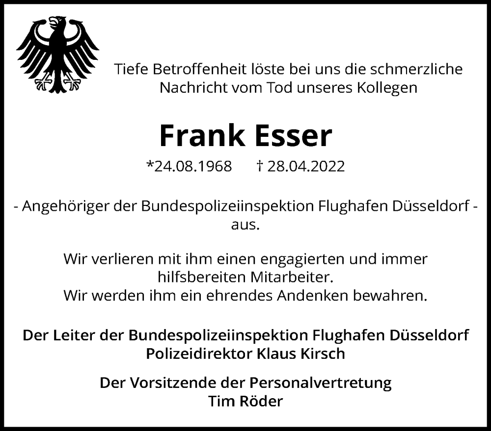  Traueranzeige für Frank Esser vom 08.05.2022 aus trauer.extra-tipp-moenchengladbach.de