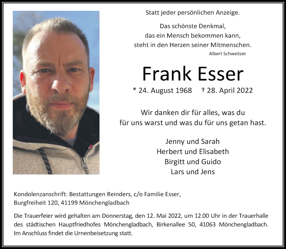  Traueranzeige für Frank Esser vom 08.05.2022 aus trauer.extra-tipp-moenchengladbach.de