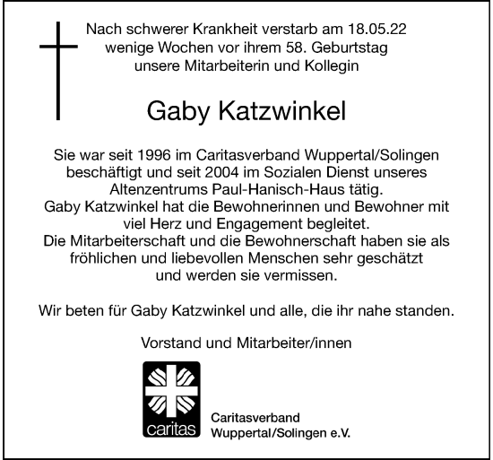 Traueranzeige von Gaby Katzwinkel von trauer.wuppertaler-rundschau.de